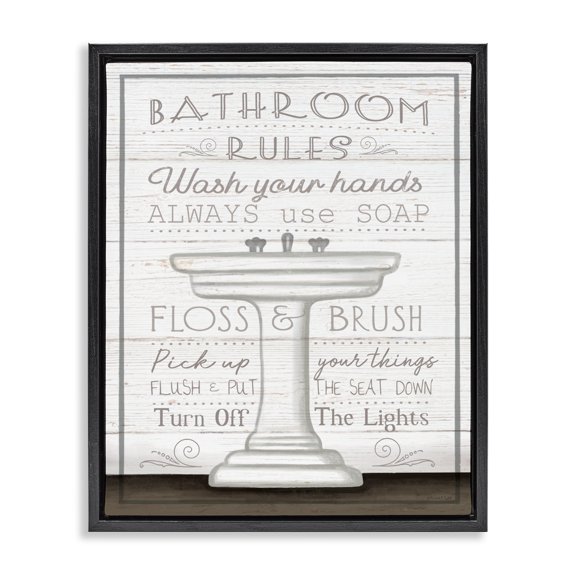 Stupell Industries Cottage Rustic Bathroom Rules Sink Black Floating Frame Canvas Art, 17 x 21, by Elizabeth Tyndall