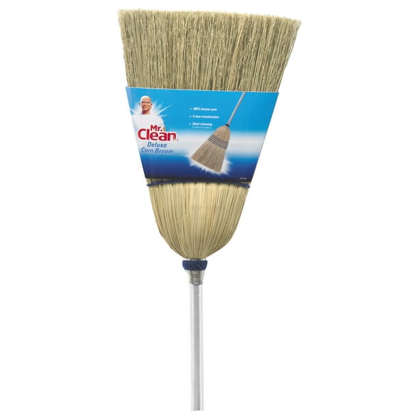 Mr. Clean Deluxe Corn Broom, 17" Bristles, 55", Wood Handle, White