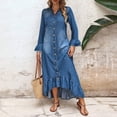 thumbnail image 5 of Women's Plus Size Long Denim Dress, Flare Sleeve Button Front Ruffle Hem Maxi Dress, Fall Casual Commute Wear, 5 of 6