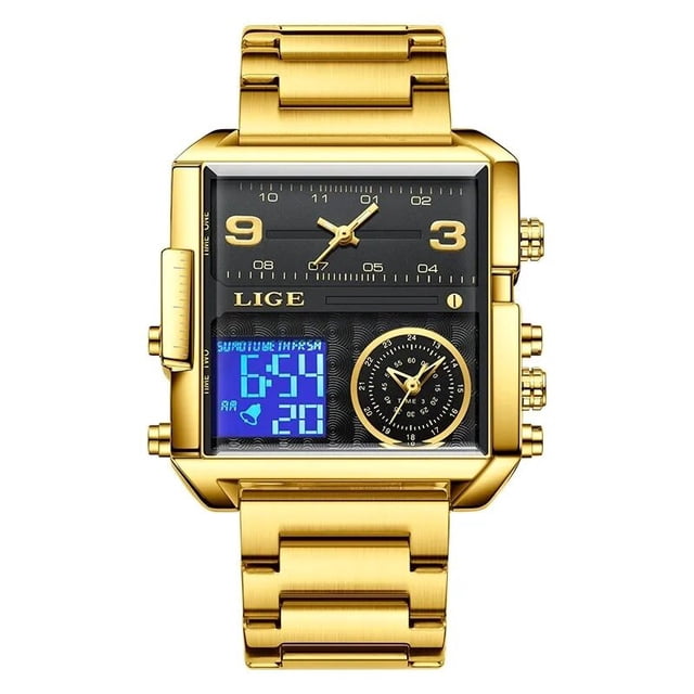 Reloj LIGE Reloj impermeable de doble pantalla para hombre dorado S