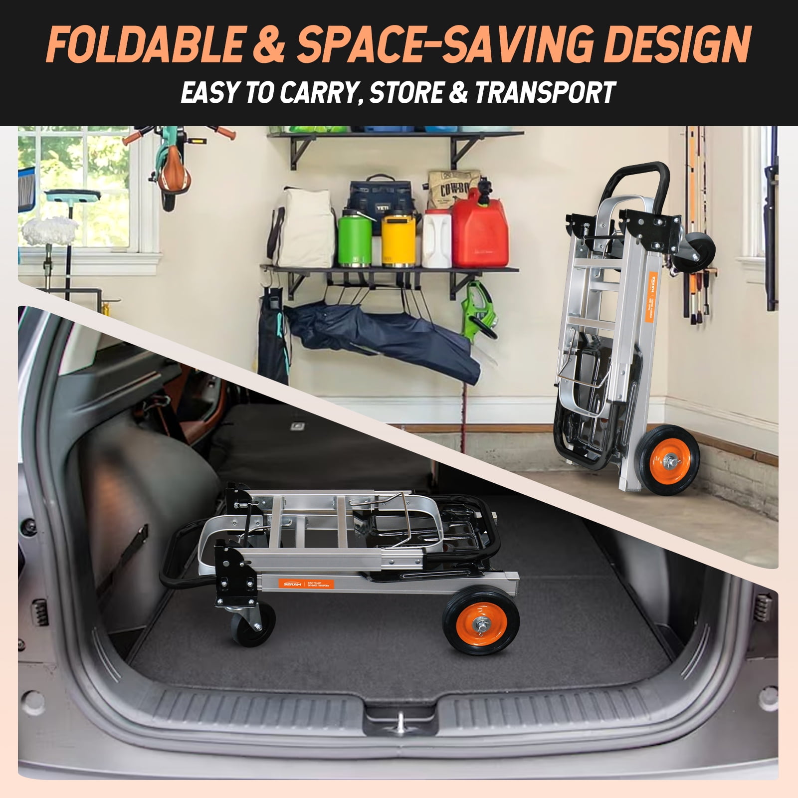 SEKAM Folding Hand Truck, 500 lbs Heavy Duty 2-in-1 Convertible Dolly Cart