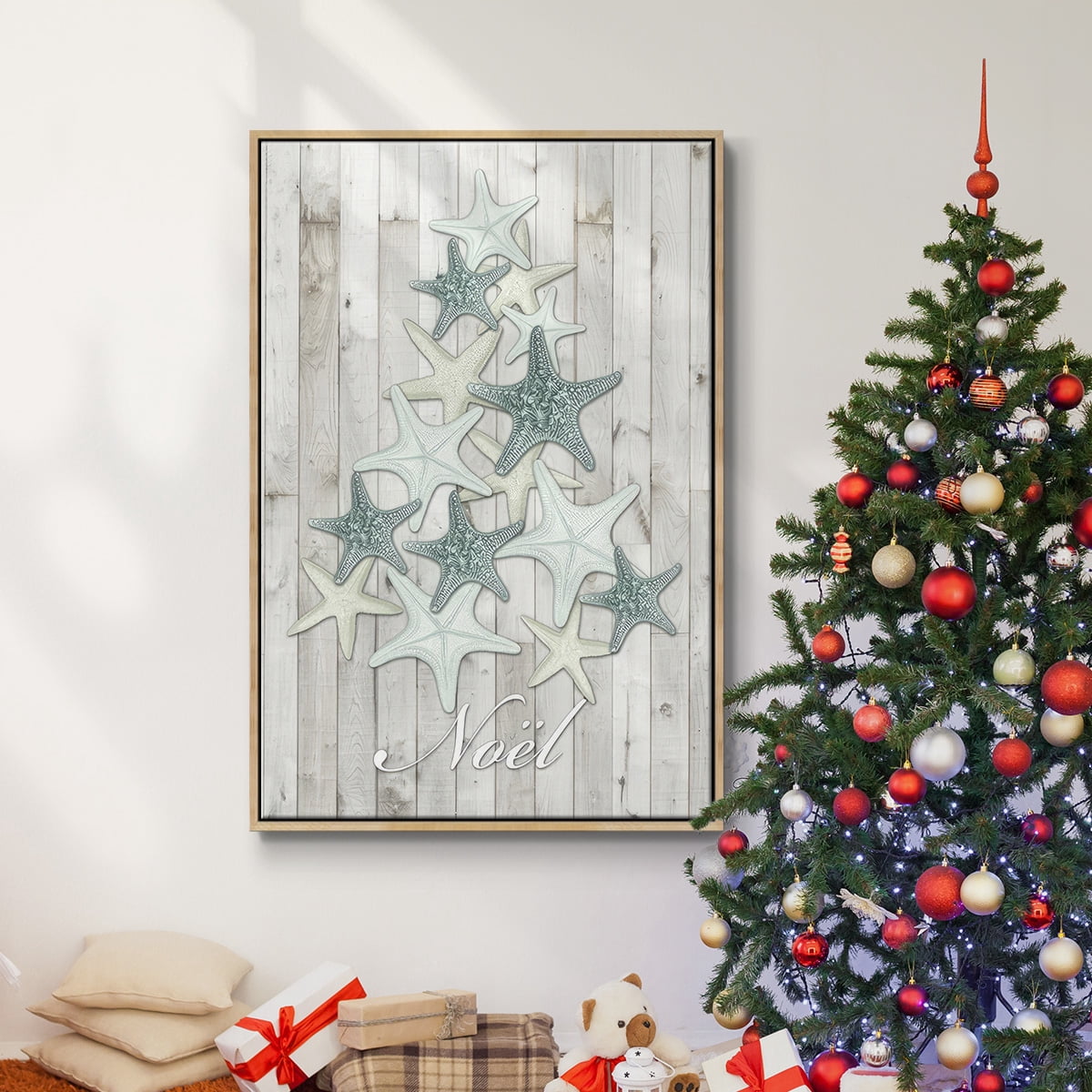 Coastal Christmas IV - Framed Gallery Wrapped Holiday Canvas - 17 x 25 - Natural Wood Frame