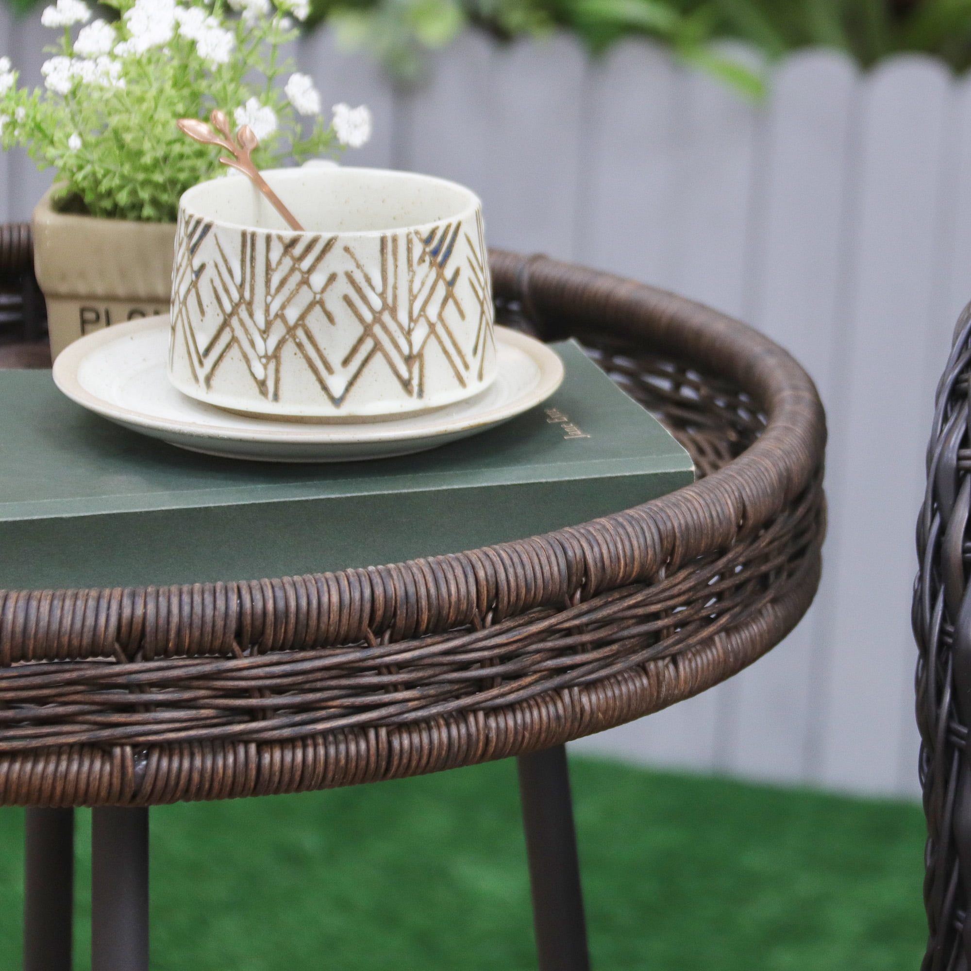 ABBLE Dark Brown Wicker Round End Table with Matte Black Metal Legs for Both Outdoor & Indoor Use