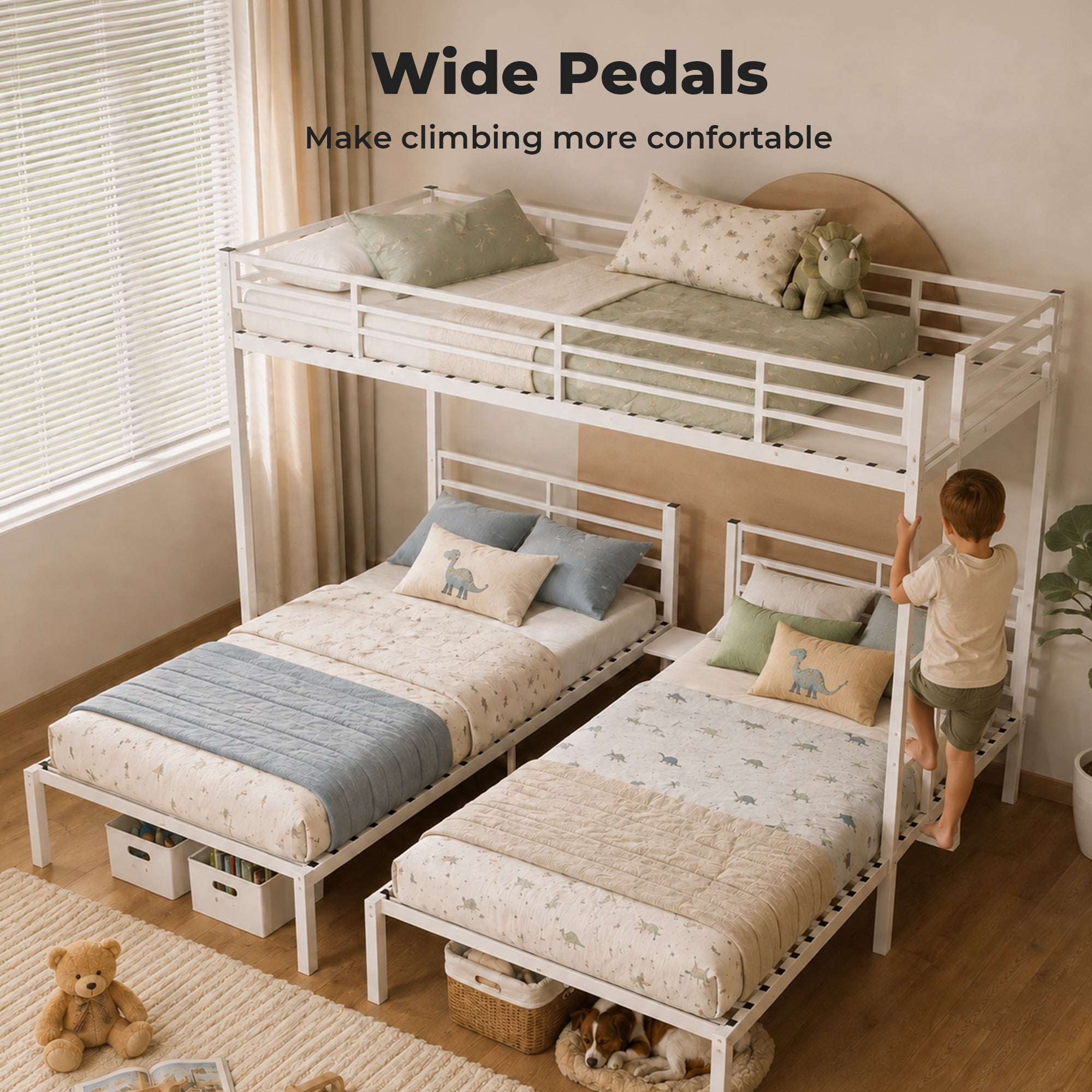 Alvantor Triple Bunk Bed for Kids, Metal Bunk Bed with Stairs,Separates Into 3 Twin Beds White