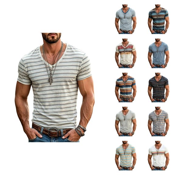 Mens T-Shirts Summer Lightweight Breathable Short Sleeve V Neck Loose Fit Casual Striped Shirt Streetwear
