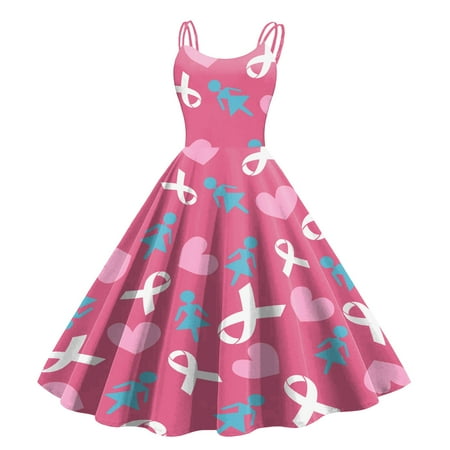 Spentoper Women s Breast Cancer Prevention Red Ribbon Print Contrasting Color Round Neck Double Suspender Back Zipper Sexy Retro Dress Hot Pink L