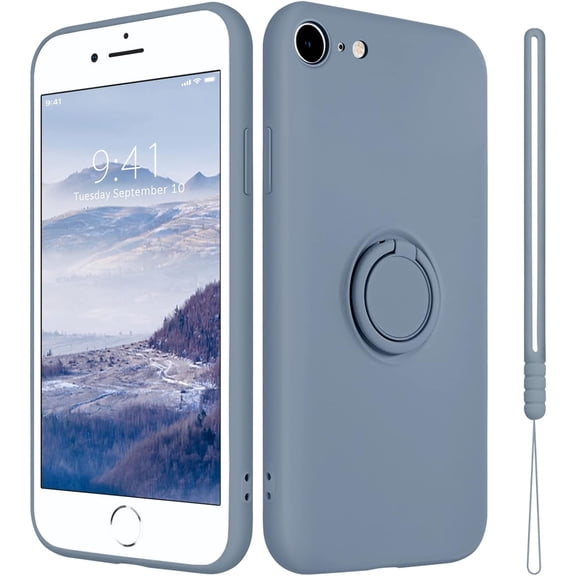 iPhone SE 2022 Case iPhone SE 2020 iPhone 8 Case iPhone 7 Case 360°Ring Holder Kickstand Support Magnetic Car Mount Soft Silicone Gel Rubber Protective Cover with Lanyard, Lavendar Grey
