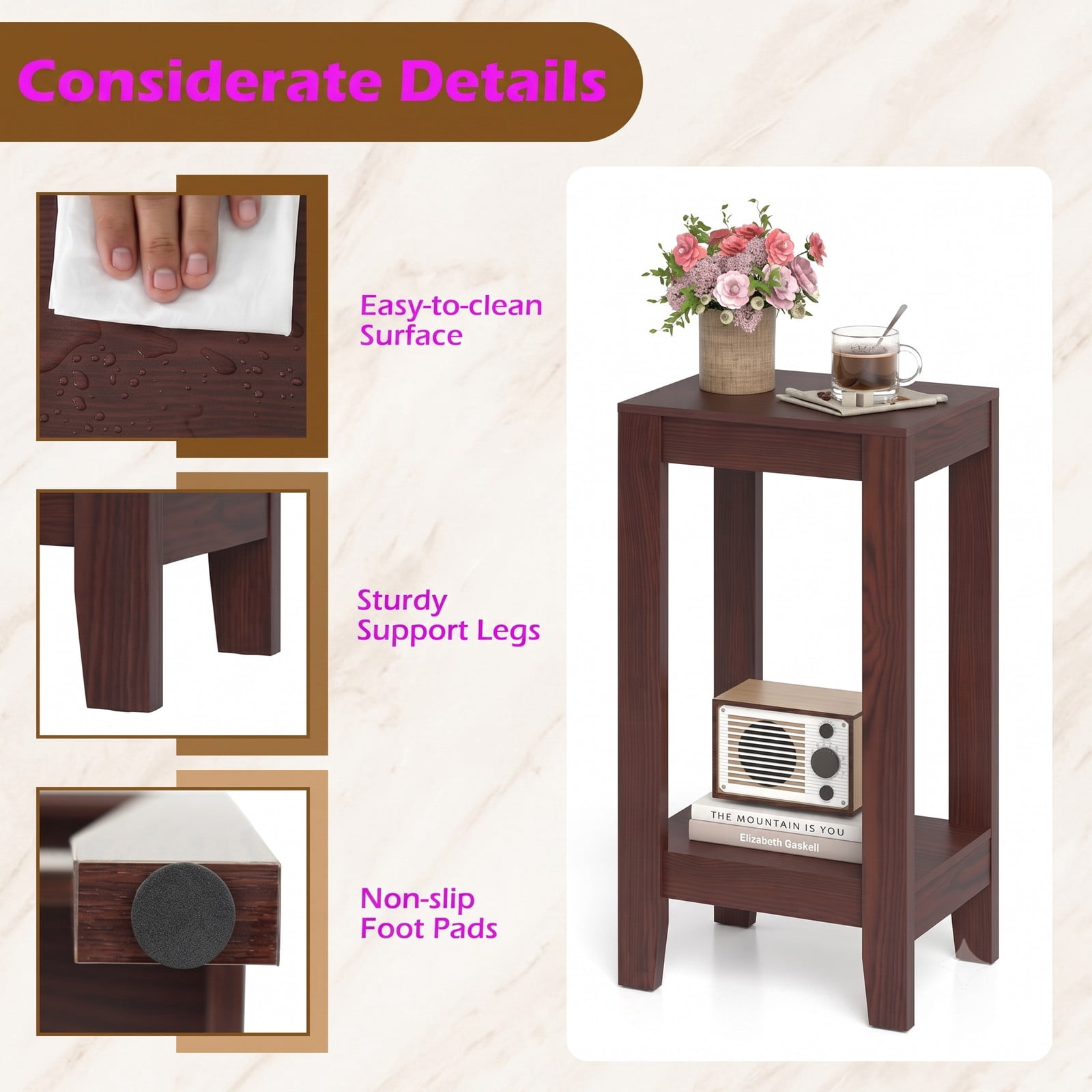 Furnibear Tall Wooden Sofa End Table 2-Tier Side Table with Storage Shelf and Sturdy Legs for Living Room Bedroom, Anti-Toppling Narrow Nightstand Accent Table, Brown