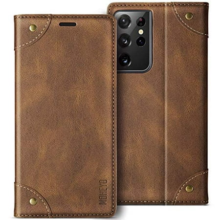 MOHEYO Luxury Wallet Flip Cover Soft Leather Card Holder Case for Samsung Galaxy S21 Ultra - Brown