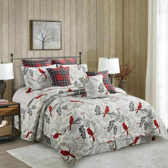 Virah Bella 3 Piece King Lodge Quilt Bedding Set - Rustic Country Reversible Comforter Set with Decorative Pillow Shams - Cardinals
