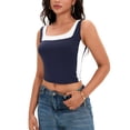 thumbnail image 4 of ATHLECHIC Camiseta sin mangas de cuello cuadrado para mujer, top corto de verano con bloques de color, M Azul oscuro, 4 of 5