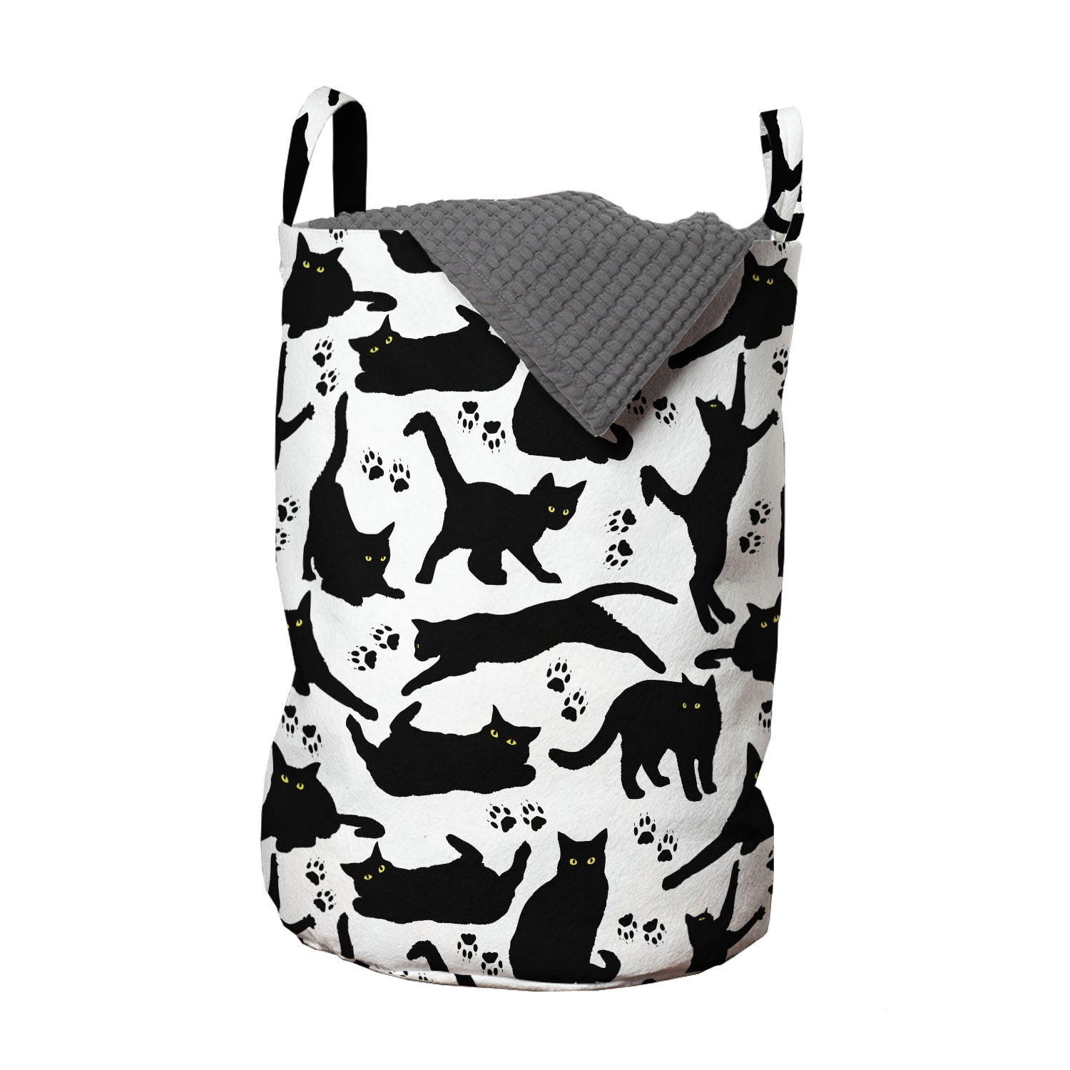 Cat Laundry Bag, Cats Yellow Eyes in Different Positions Paw Traces