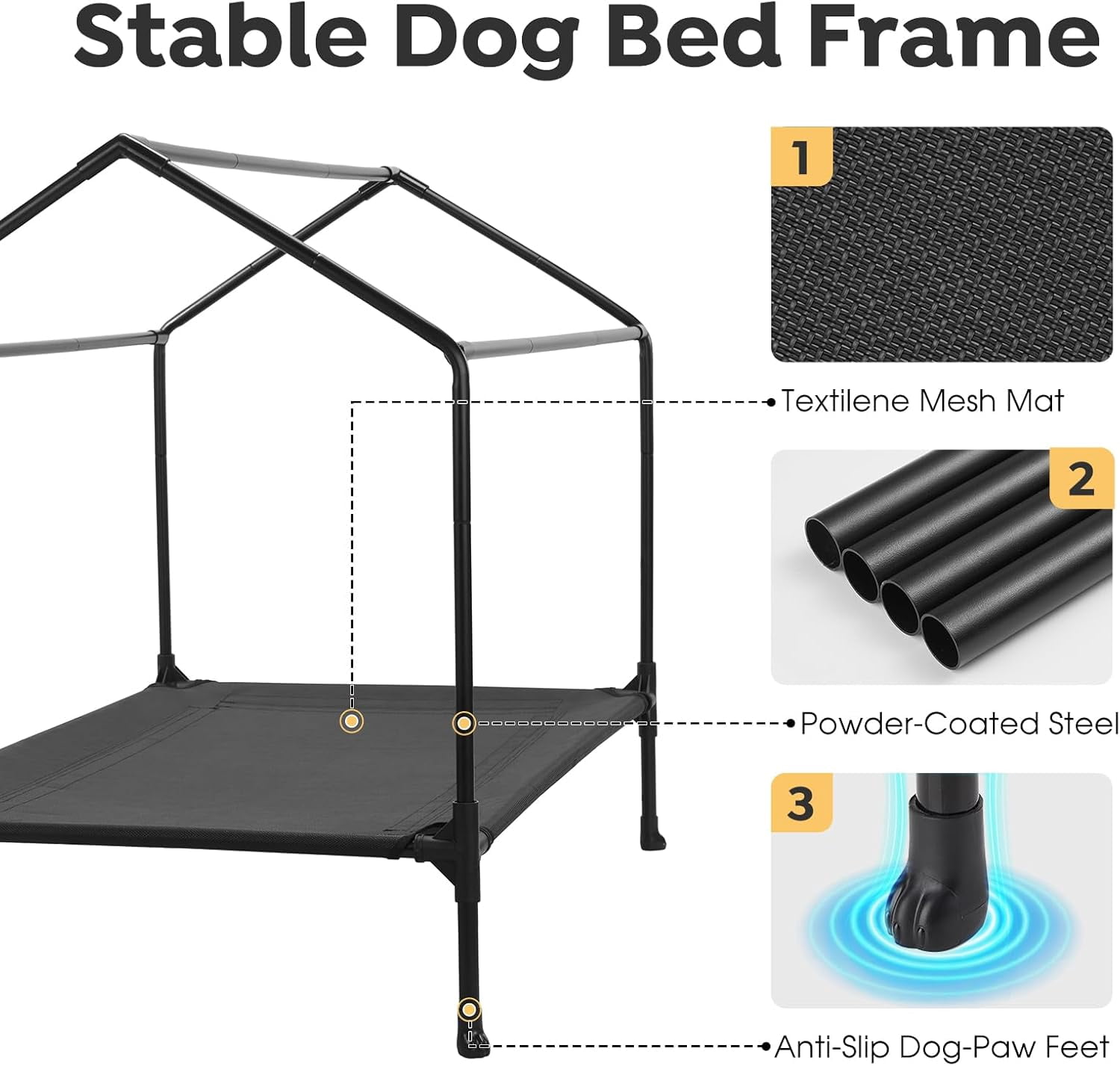 35" Dog House, 2-in-1 Large Dog House Outdoor Indoor Weatherproof, Outside Elevated Dog Cot Bed Dog Tent Shade, Three-Sided Breathable Mesh Windows and Sunshades, CWC2435CP