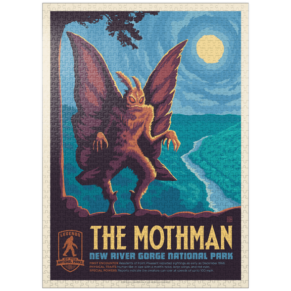 MyPuzzle - Legends Of The National Parks: New River Gorge's MothMan, Vintage Poster - Premium 1000 Piece Jigsaw Puzzle for Adults