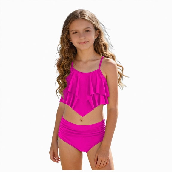 Xudanell Girls Swimsuit 2 Piece Bikini Set Tiered Ruffled Bathing Suit Straps Girls' Swimwear (15-16 Years,Green)