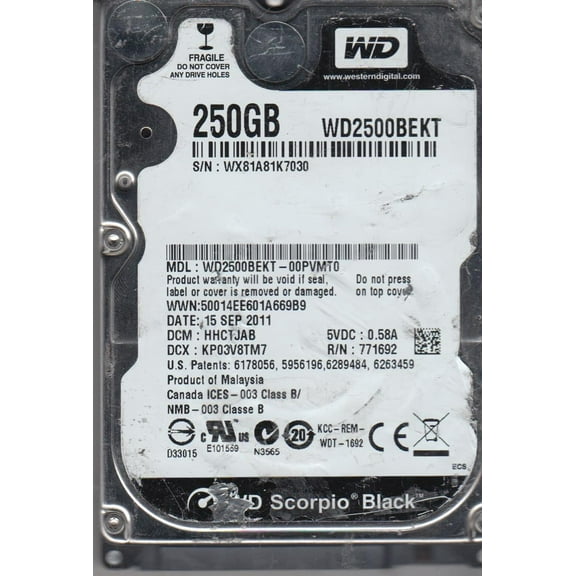 WD2500BEKT-00PVMT0, DCM HHCTJAB, Western Digital 250GB SATA 2.5 Hard Drive
