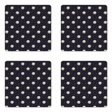 Galaxy Coaster Set of 4, Planets in Rhythmic Composition with Stars at Night Universe Theme, Square Hardboard Gloss Coasters, Standard Size, Dark Blue Grey and Eggshell, by Ambesonne
