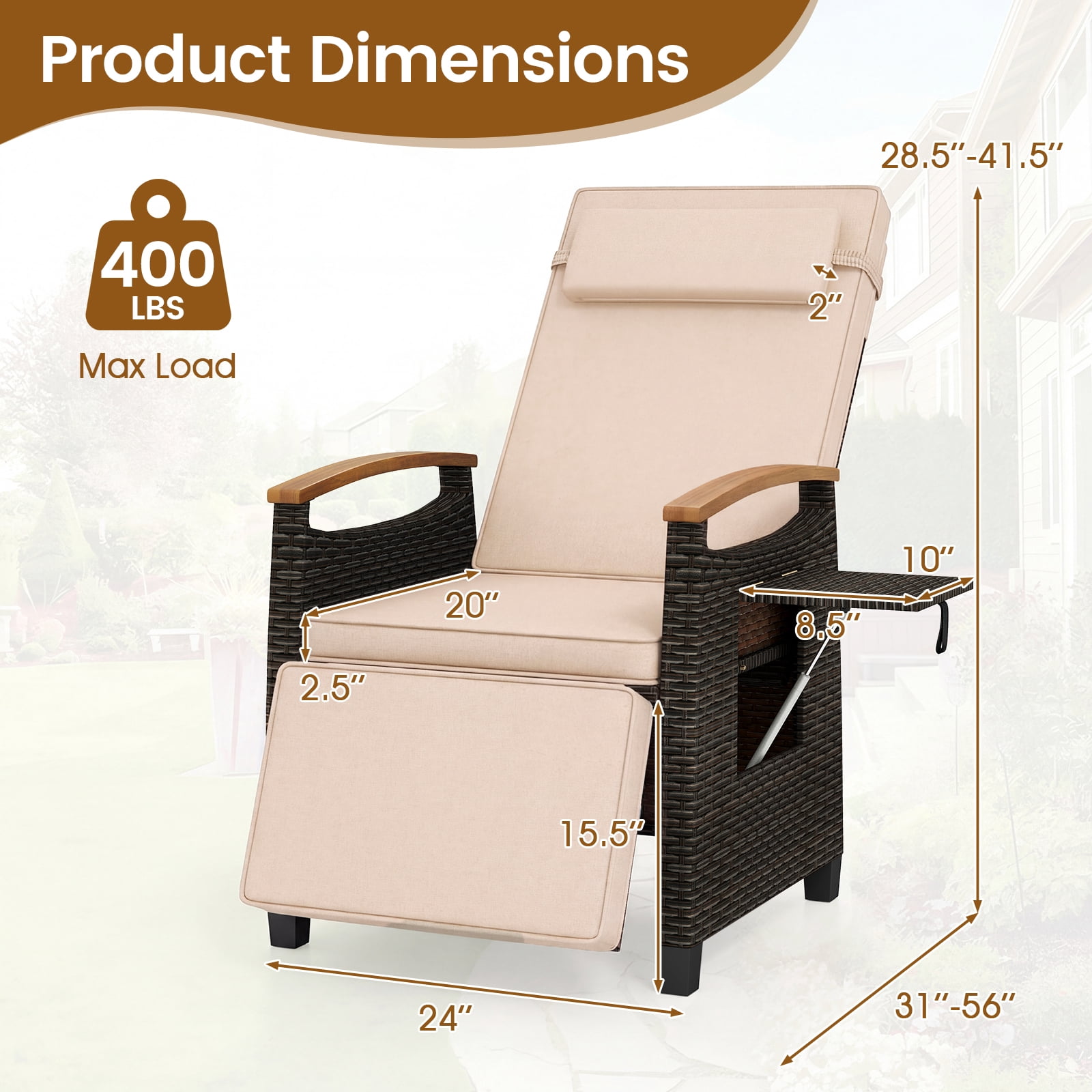Gymax Set of 2 Patio Wicker Recliner Chair Rattan Lounge Chair w/ Adjustable Backrest&Footrest Mix Brown