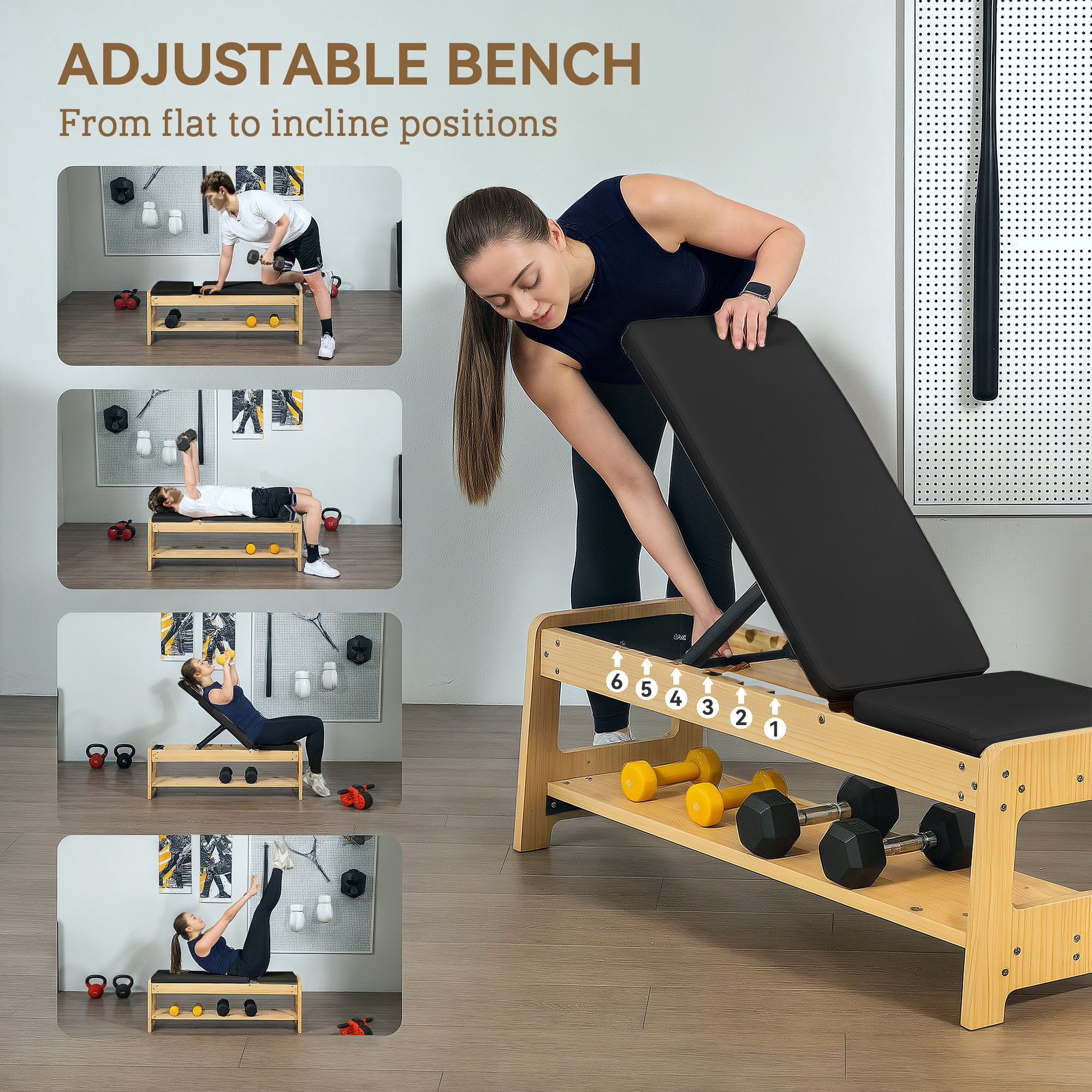Soozier Adjustable Weight Bench with Dumbbell Rack, Wooden Flat or Incline Bench for Home Gym Weight Lifting Training, Black