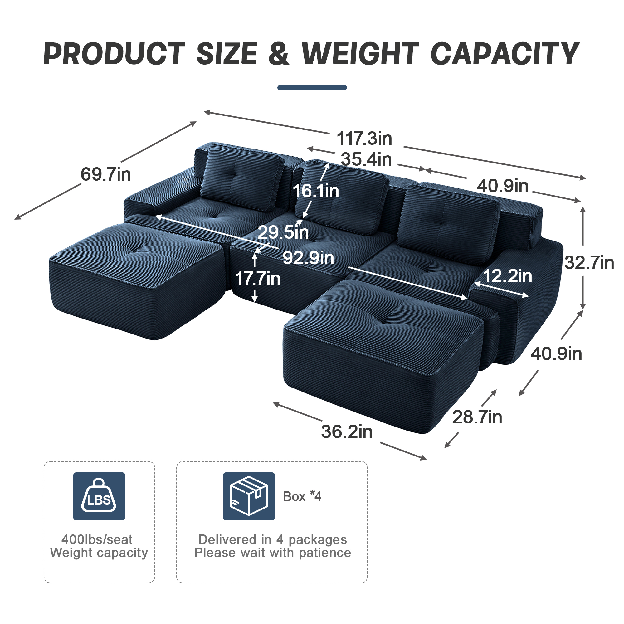MOONMISS 117" Modern Corduroy Boneless Love Seat Couches with 2 Ottoman, 3 Seater Large Sectional Couches for Living Room, No Assembly,Blue
