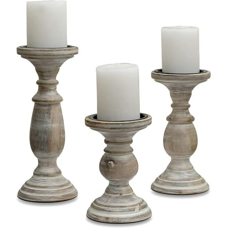 Pillar Candle Holders Set of 3 Wood Candle Holders Centerpiece Distressed Tall Candle Holders Farmhouse Candle Holders for Fireplace Tall Candle Holders for Pillar Candles and LED Candles (White)