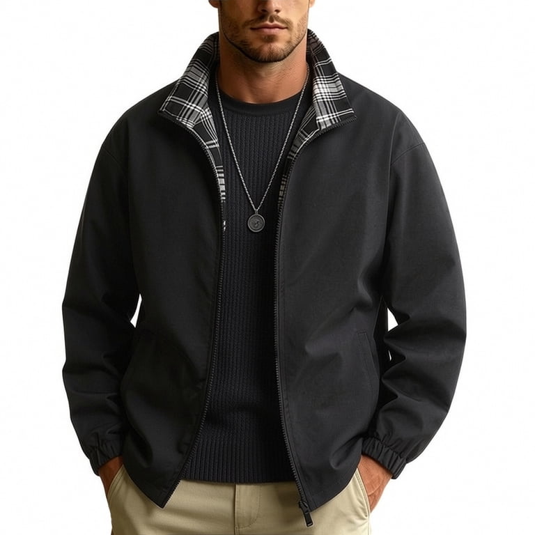 Men Reversible Plaid Lined Zip Up Bomber Jacket, Stand Collar