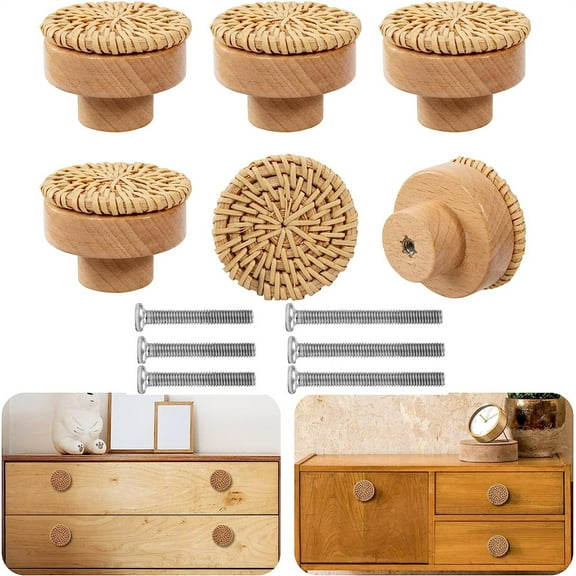 NOGIS 6 Pack Boho Rattan Dresser Knobs Wood Drawer Knobs Handmade Woven Boho Wicker Knobs for Cabinets Dresser Handles Hardware Pulls Kitchen Cabinet Knobs Boho Wood Furniture Knobs