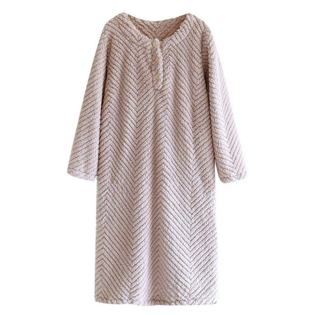 WRKEKC Womens Robe Plush Solid Color Crew Neck Button Long Sleeve Loungewear Sleep Robe with Soft Fabric for Daily Wear