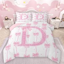 Manfei Monogrammed D Theme Queen Comforter Set,Ribbon Bow Tie Bedding Sets,Pink Sequin Print Bedding Comforter Set For Girl Teens,Ultra Soft Bedroom Decor Reversible,3-Piece