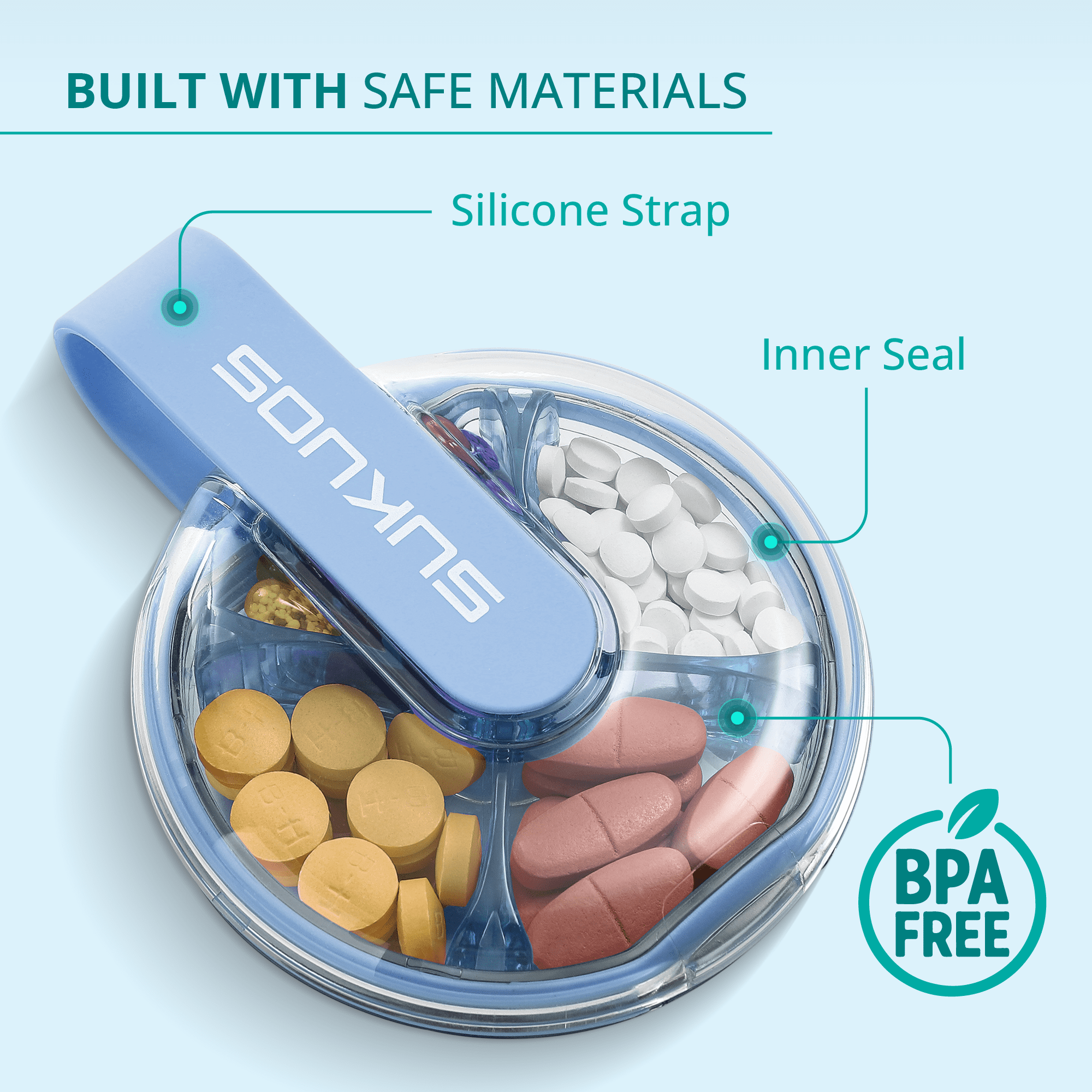 Sukuos Daily Use Portable Pill Organizer with 4 Compartments, Travel Pill Box & Vitamin Container, 1 pack, 4 Random Colors