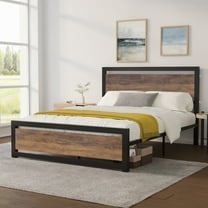 Einfach Queen Size Metal Platform Bed Frame with Wooden Headboard & Footboard, Brown