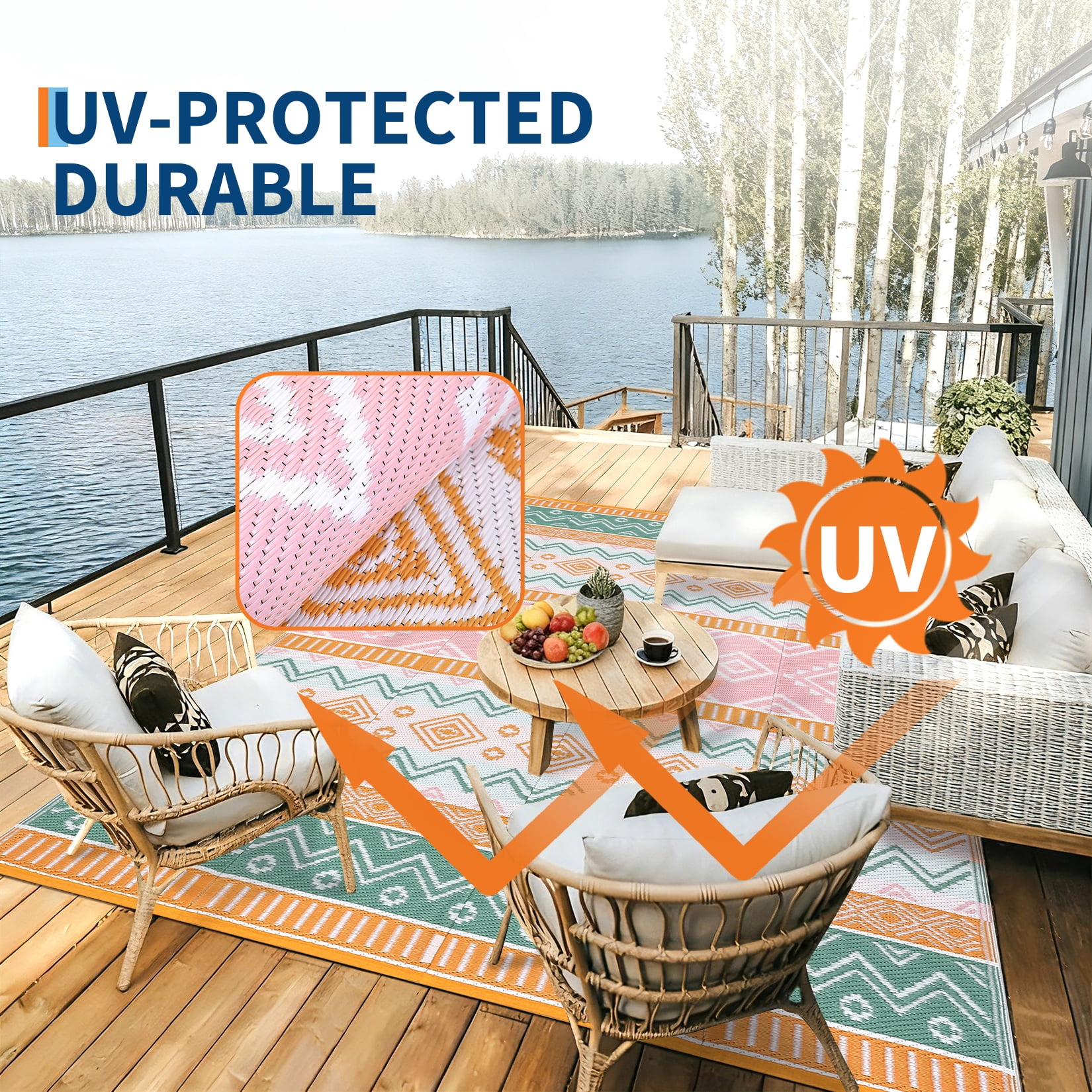 HIWEAVER 8' x 10' Pink/Green Outdoor Rug PP Plastic Straw Woven Waterproof Patio Rug with Border Portable Outside Carpet for Balcony Deck Picnic Garden Decor