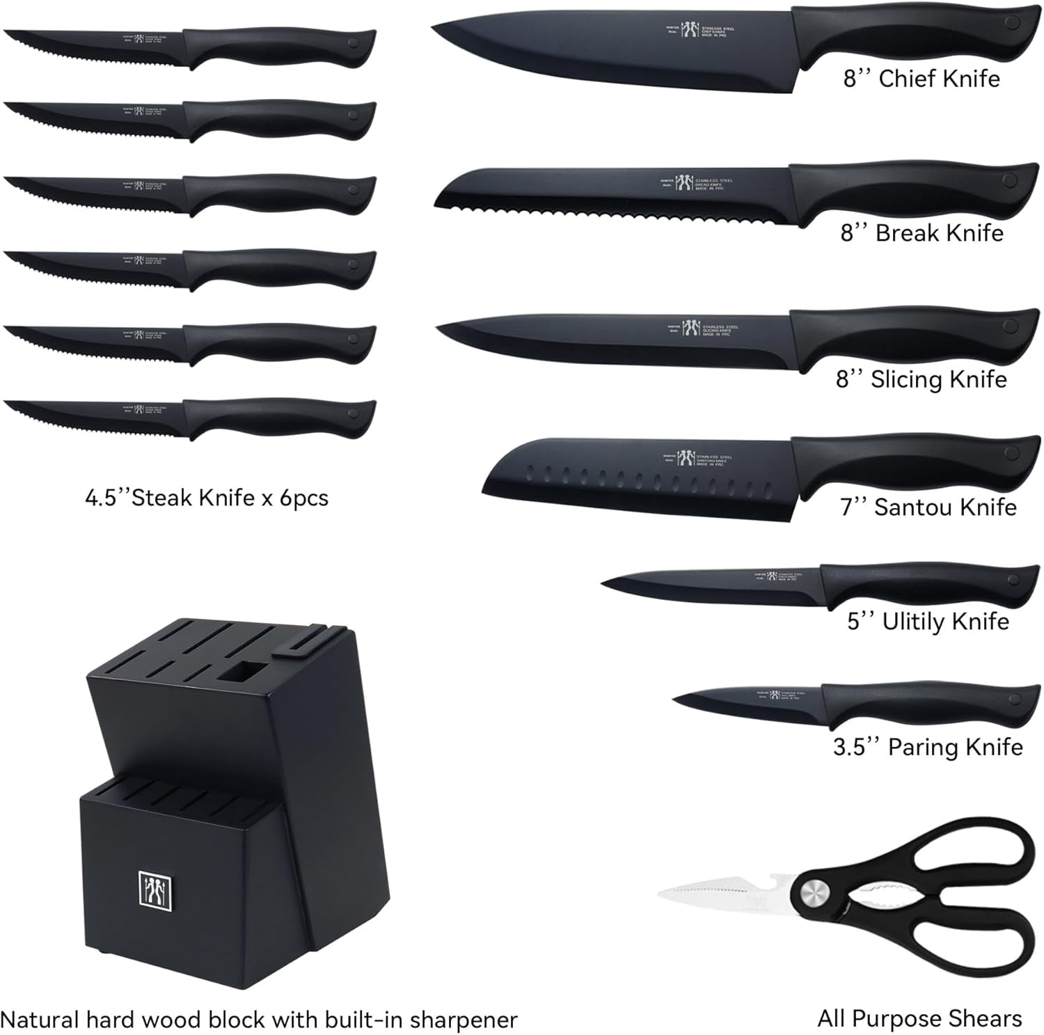 HUNTER.DUAL Knife Set, Dishwasher Safe Kitchen Knife Set with Block, 15 Pcs Black Kitchen Knife Sets with Block Self Sharpening, 6 Steak Knives, Black