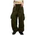 thumbnail image 5 of RYRJJ Womens Parachute Pants Wide Leg Baggy Cargo Pants Multiple Pockets Y2K Elastic Waist Jogger Sweatpants Track Pants Streetwear(Army Green,L), 5 of 8