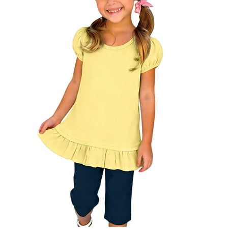 KyCheLot Girls Dressy Tops Pullover Summer Rufffle Hem Crewneck Short Sleeve Loose Tunic Shirts 0-15 Years