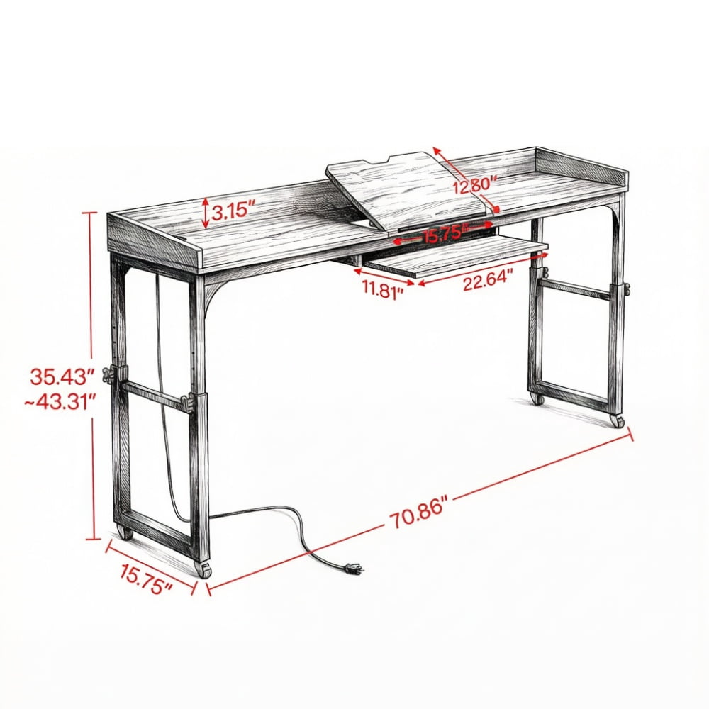 Height Adjustable Overbed Table with Wheels, 5-Level Tilting Desktop, Mobile Bedside Desk with AC & USB Charging Ports for Working Reading Gaming