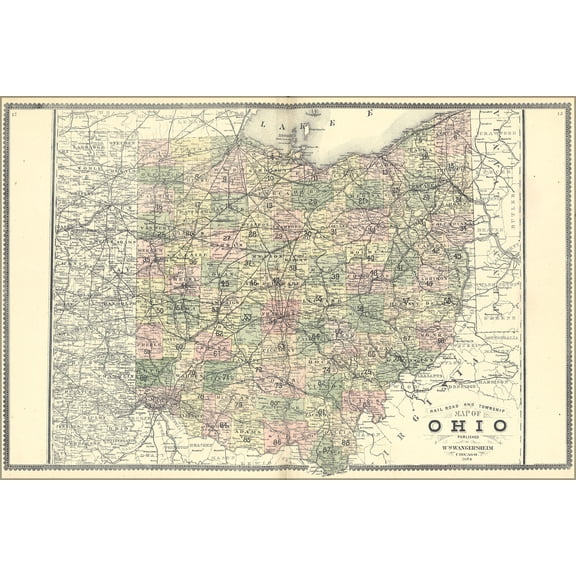24"x36" Gallery Poster, Railroad and Township Map of Ohio 1889