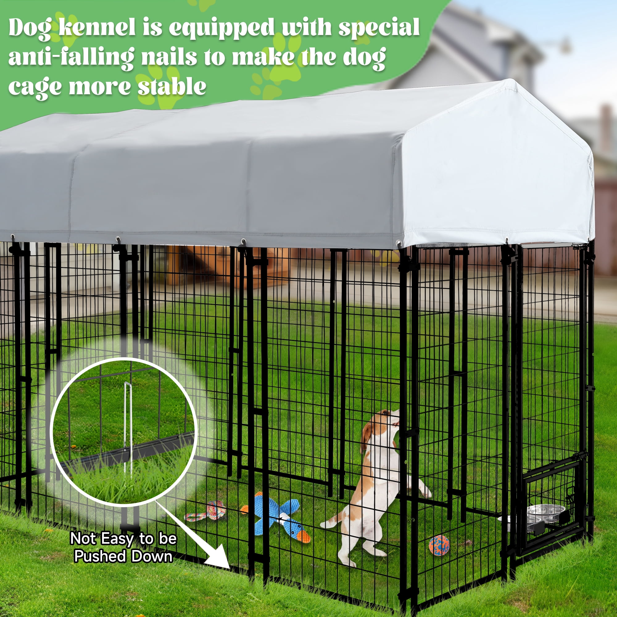 Haverchair Large Outdoor Dog Kennel, Heavy Duty Welded Wire Steel Dog Enclosure Playpen Crate with Waterproof UV-Resistant Roof Cover, Double Lock Dog Kennels Fence with Rotating Feeding Door Bowls