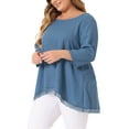 thumbnail image 4 of Agnes Orinda Plus Size Blouse for Women Waffle 3/4 Sleeve Round Neck Lace Panel Loose High Low Hem Tops 3X Blue, 4 of 5