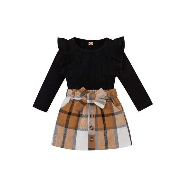 Fortune Ensemble Automne 2 Pcs pour Filles de 1 à 4 Ans, Hauts à Manches Longues + Jupes à Carreaux