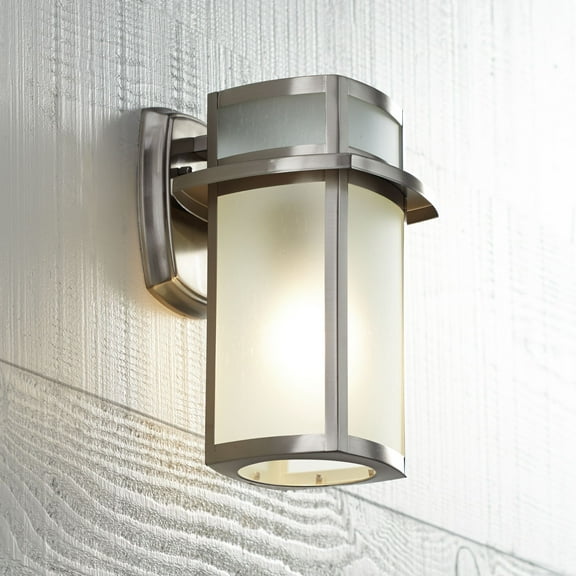 Possini Euro Design Delevan Modern Outdoor Wall Light Fixture Brushed Nickel 11 1/4" Frosted Seedy Glass for Post Exterior Barn Deck House Porch Yard