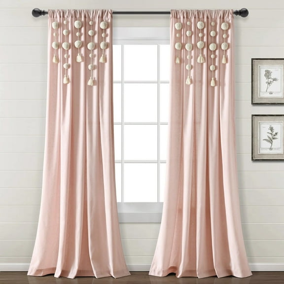 Lush Decor Faux Linen Pom Tassel Window Curtain Panel, Gray, 84 x 40