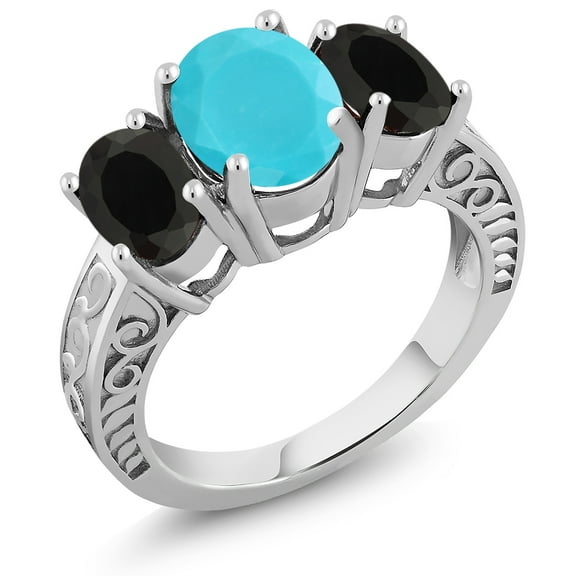 Gem Stone King 2.90 Ct Oval Green Turquoise Black Onyx 925 Sterling Silver Ring (Size 8)