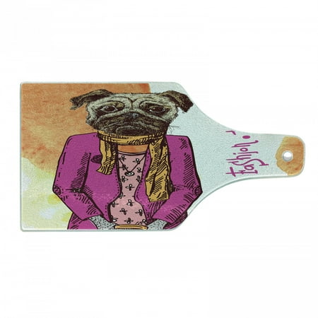 

Pug Cutting Board Fashion Dog with Cool Clothes Scarf Necklace Jacket Handbag Tainted Background Decorative Tempered Glass Cutting and Serving Board Wine Bottle Shape Hot Pink Amber by Ambesonne