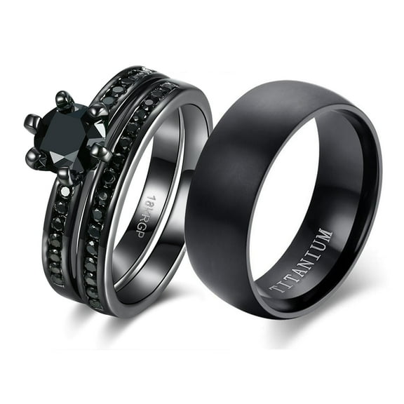 Couple Ring Bridal Set His Hers Black Gold Plated Cz Stainless Steel 10k Wedding Ring Band Set