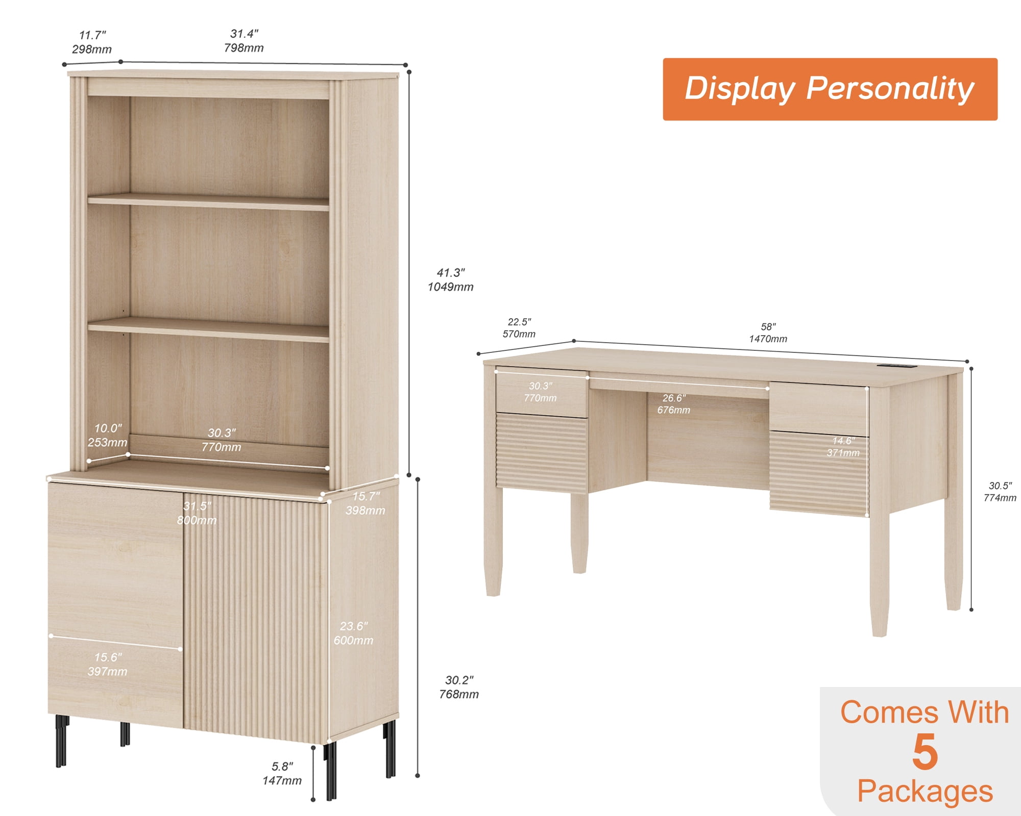 WAMPAT 3 Piece Living Room Furniture Set, 58 Inch Console Table with 2 71.5 Inch Tall Bookcases, Double Door Storage Cabinets, Adjustable Shelves, Modern Fluted Bookcase Set for Living Room