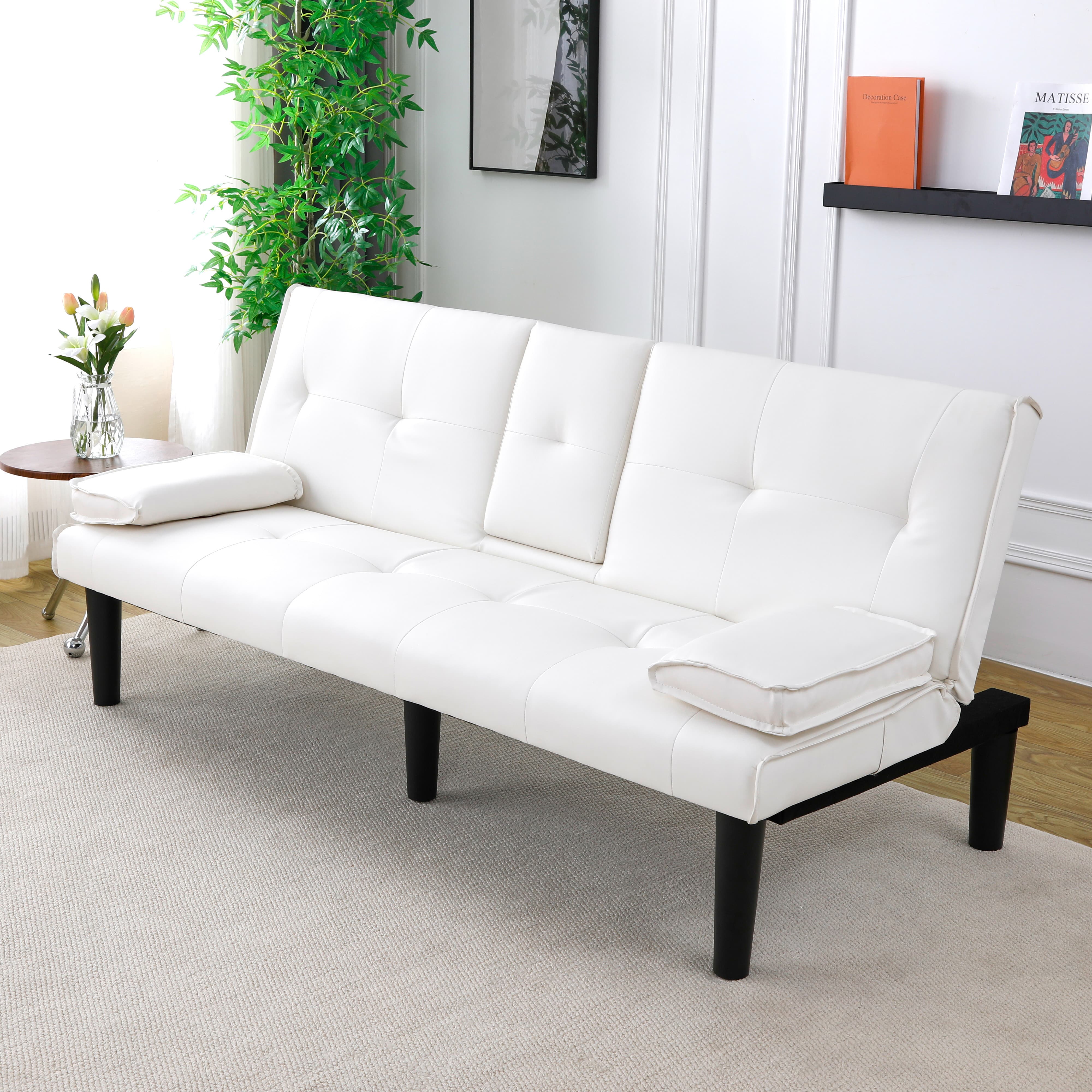 MAYEERTY 67" Convertible Sofa Bed PVC Loveseat Sofa with Cup Holder for Apartment, Living Room, Small Space, White