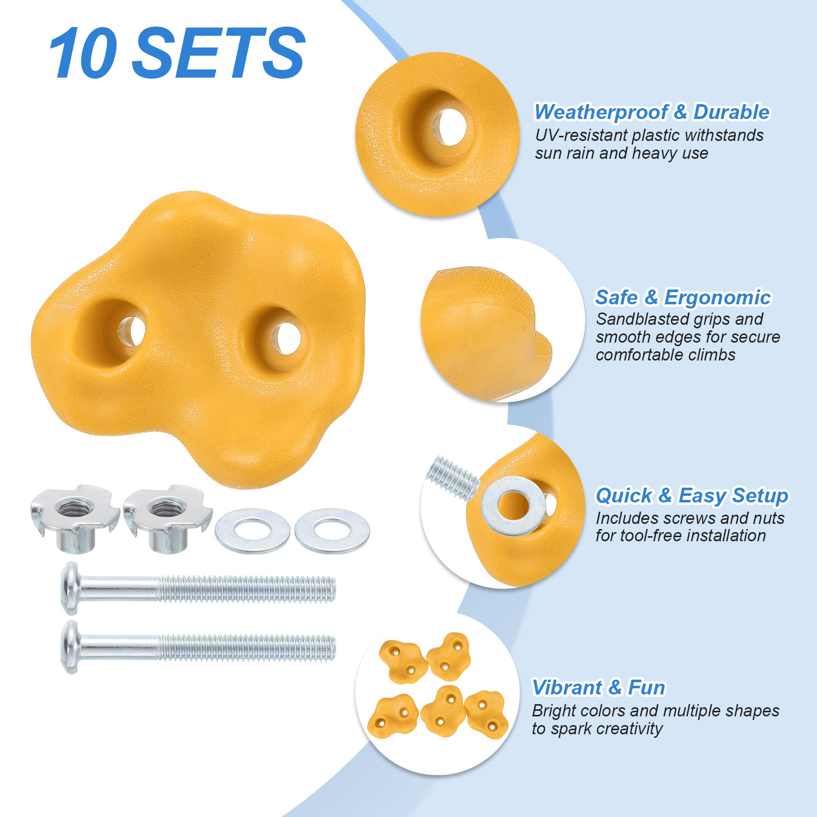Rock Climbing Holds, 10 Pcs Large Climbing Rock Wall Grips with Double Hole for Playground Accessory, Yellow-B