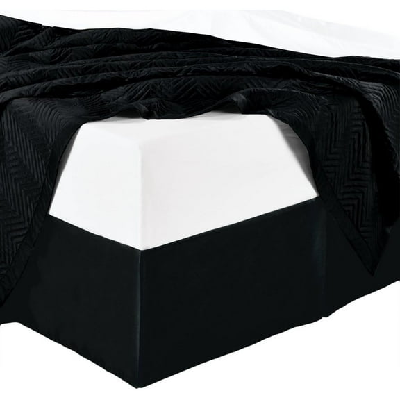 300tc Cotton Solid Black Extra Long Pleated Tailored Bed Skirt with 15 Inches Drop and Split Corners