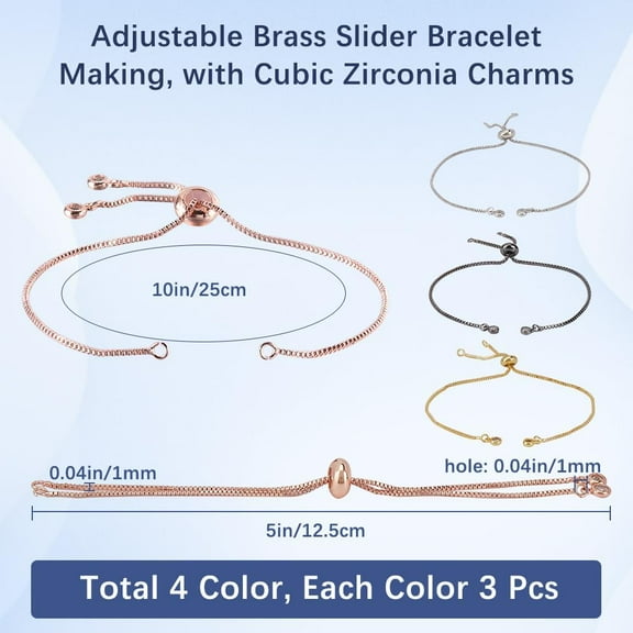 1 Box 12Pcs 4 Colors Slider Bracelet Chain Adjustable Slider Bracelets Bead Ends Chains with Rhinestone End Brass Findings for Jewelry Making Supplies DIY Crafts Friendship Accessories